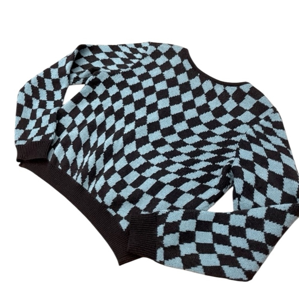Witty Fox Light Blue Brown Argyle Sweater Cropped Oversized Preppy Academia XS - Picture 5 of 9
